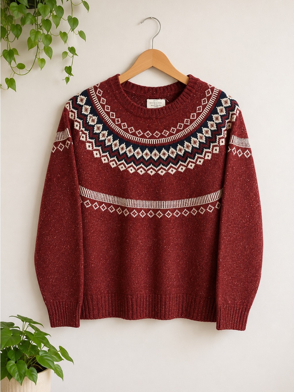 Weatherproof Vintage Chili Red Fair Isle Sweater Womens L Cozy Nordic Knit Cabin